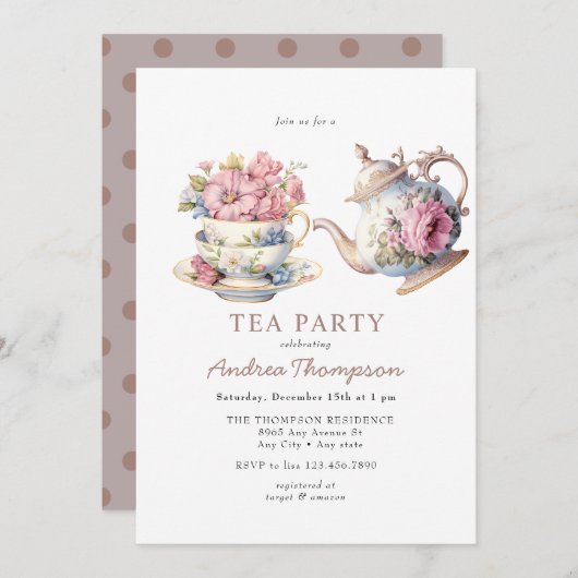 Invitation Thé vintage | Fleurs Tea Party (Devant / Derrière)