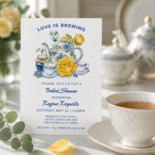 Invitation Théière bleue et blanche de chinoiserie Roses Thé