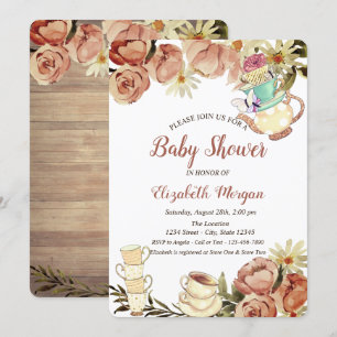 Invitation Théière chic Tasse à thé Fleurs Bois Baby Shower
