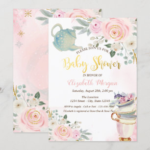 Invitation Théière chic Tasse à thé Fleurs roses Baby Shower 
