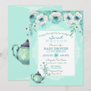 Invitation Théière de thé à la menthe Aquarelle Fleurs