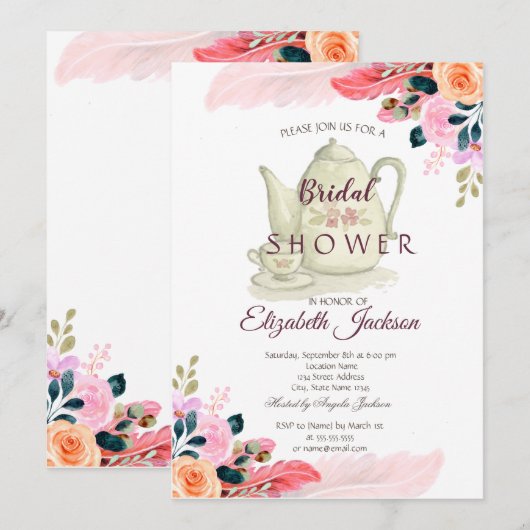 Invitation Théière Fleurs Chic Plume Réception de Mariage (Devant / Derrière)