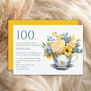 Invitation Théière Fleurs Jaunes Bleues 100e Anniversaire