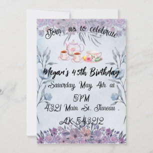 Invitation Théière lavande fleurs anniversaire 