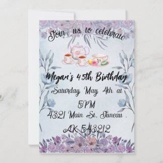 Invitation Théière lavande fleurs anniversaire