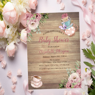 Invitation Théière Tasse à thé Floral Bois Baby Shower