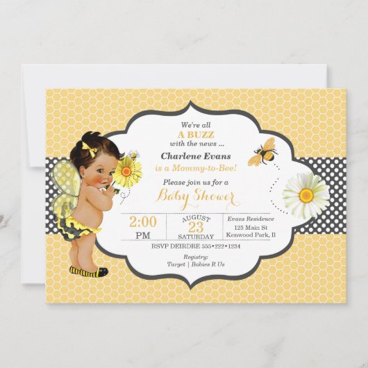 Invitation Thème abeille jaune point doré bébé fille  (Devant)