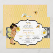 Invitation Thème abeille jaune point doré bébé fille  (Devant / Derrière)