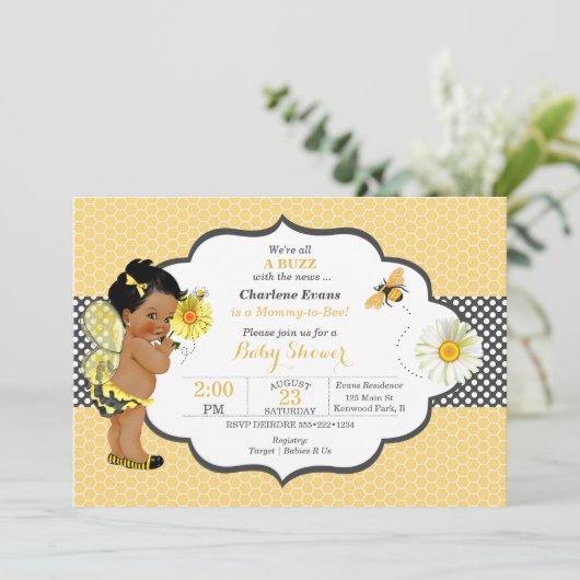 Invitation Thème abeille jaune point doré bébé fille  (Debout devant)