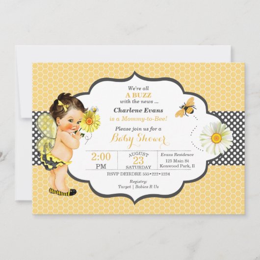 Invitation Thème abeille jaune point doré bébé fille (Devant)