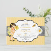 Invitation Thème abeille jaune point doré bébé fille (Debout devant)