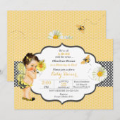 Invitation Thème abeille jaune point doré bébé fille (Devant / Derrière)