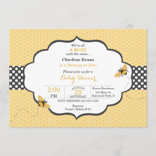 Invitation Thème abeille nid d'abeille or et gris pois