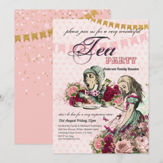 Invitation Thème Alice au Pays des Merveilles Fête de Thé sur (Devant / Derrière)