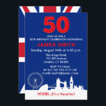 Invitation Thème anglais 50e fête d'anniversaire<br><div class="desc">Invitation du drapeau Union Jack moderne 50e anniversaire. Design Caractéristiques Drapeau anglais à l'arrière et London Sights On the Front avec détails de la fête. Parfait pour une fête d'anniversaire simple,  élégante et moderne. Personnalisez avec les détails de votre fête en dessous.</div>