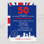 Invitation Thème anglais 50th Birthday Party<br><div class="desc">Invitation moderne Union Jack Flag 50e anniversaire. Design Comprend le drapeau anglais sur le dos et le London Sights On the Front avec les détails de la fête. Parfait pour une fête d'anniversaire simple,  élégante et moderne. Personnalisez avec les détails de votre fête en dessous.</div>