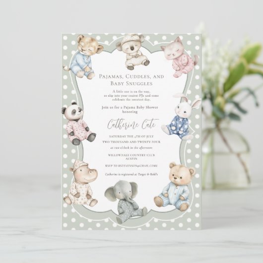 Invitation Thème animal de fête en pyjama vert bébé (Debout devant)