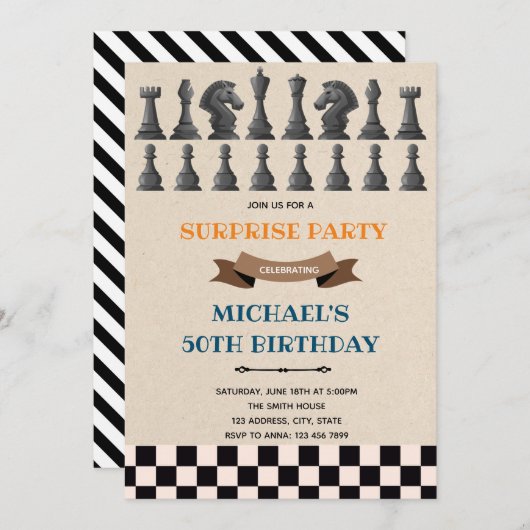 Invitation thème anniversaire échecs (Devant / Derrière)