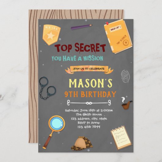 Invitation thème anniversaire espion (Devant / Derrière)