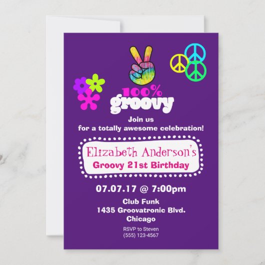 Invitation Thème Anniversaire Hippie Groovy Fête (Devant)