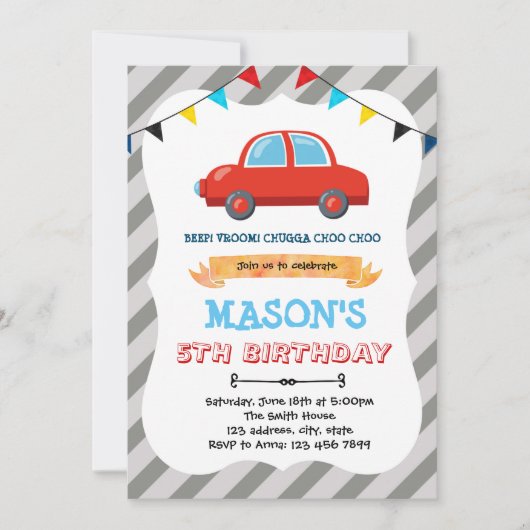 Invitation thème anniversaire petite voiture rouge (Devant)