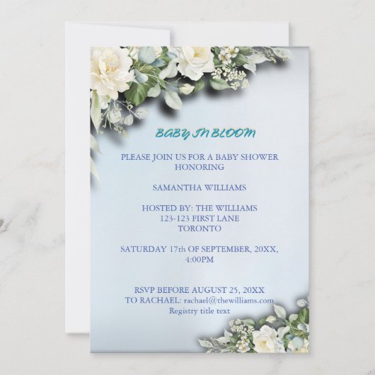 Invitation Thème aquarelle bleu floral (Devant)
