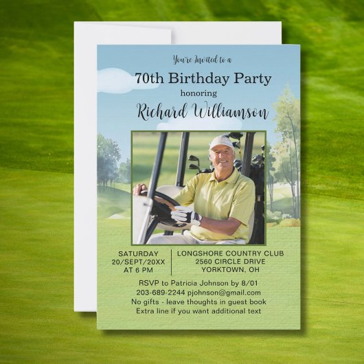 Invitation Thème aquarelle photo 70e anniversaire golf