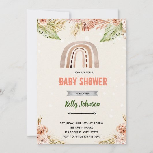 Invitation thème arc-en-ciel fleur boho (Devant)