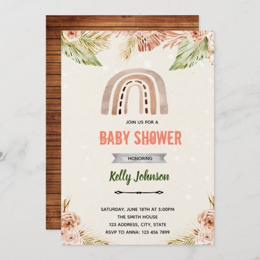 Invitation thème arc-en-ciel fleur boho (Devant / Derrière)