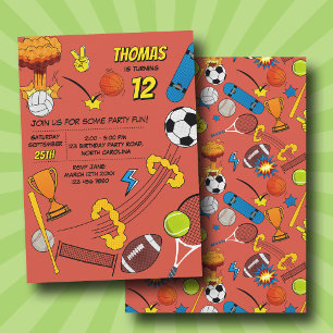 Invitation Thème Bande Dessinée Rétro Ballons Sportifs Annive