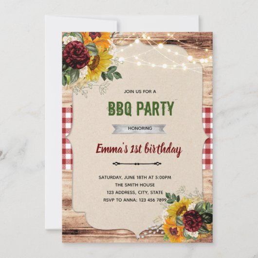 Invitation Thème BBQ rustique tournesol rose (Devant)