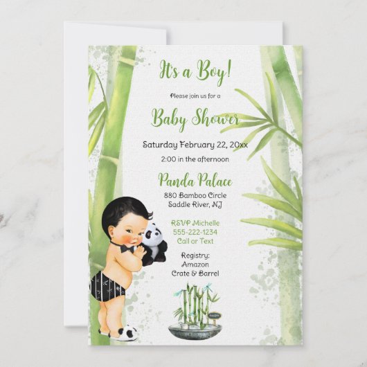 Invitation Thème bébé garçon panda bambou noir blanc vert (Devant)