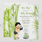Invitation Thème bébé garçon panda bambou noir blanc vert (Devant / Derrière)