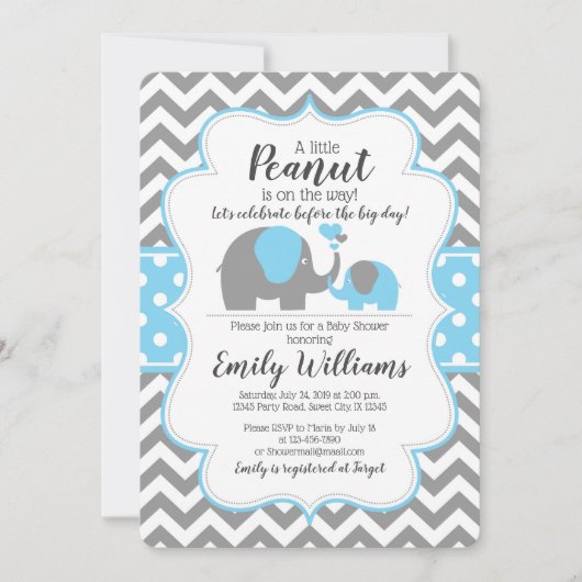 Invitation Thème bleu d'éléphant d'invitation de baby shower (Devant)