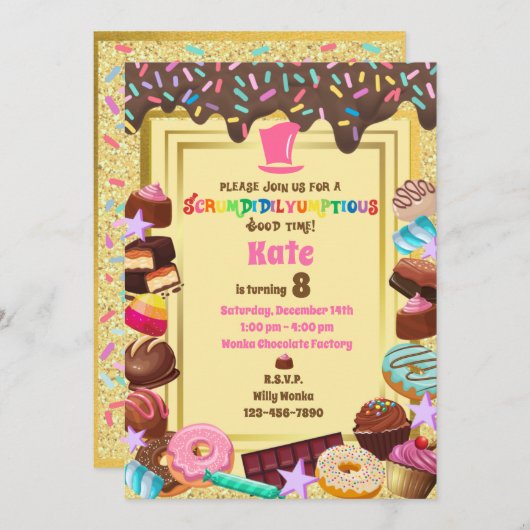 Invitation Thème bonbon, chocolat, nourriture, beignets, arc- (Devant / Derrière)