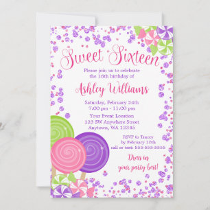 Invitation Thème bonbon pailleté faux violet Sweet 16