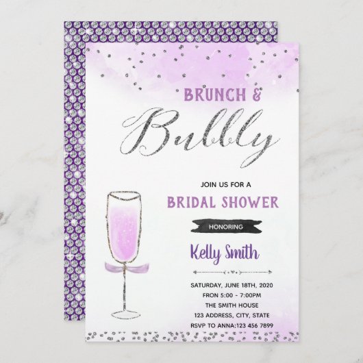 Invitation Thème brunch et boissons gazeuses argent et violet (Devant / Derrière)