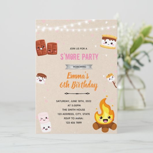 Invitation thème camp de vacances smore pour fille (Debout devant)