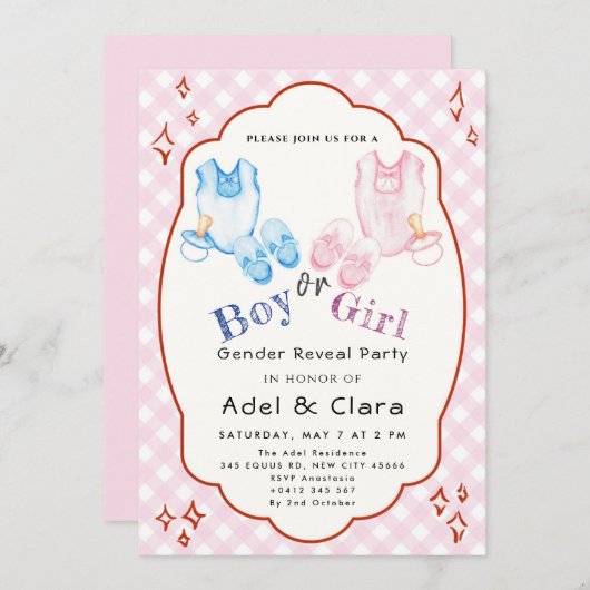 Invitation Thème Chaussures de bébé rose et bleu (Devant / Derrière)