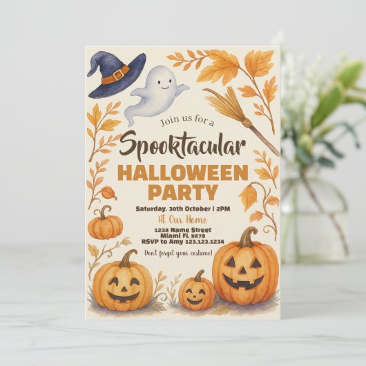 Invitation Thème Citrouille éffrayant et chauves-souris (Debout devant)