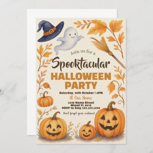 Invitation Thème Citrouille éffrayant et chauves-souris (Devant / Derrière)