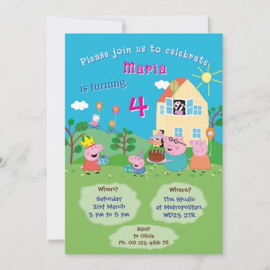 Invitation thème cochon de dessin animé. Fête d'en (Devant)