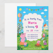Invitation thème cochons de dessin animé. Fête d'e (Devant / Derrière)