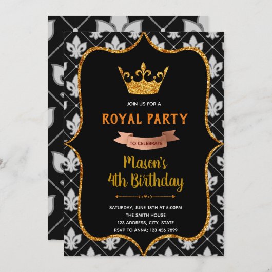 Invitation thème couronne royale noire (Devant / Derrière)
