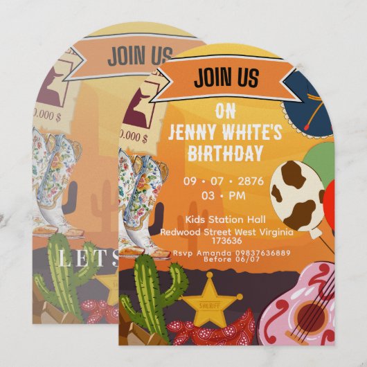 Invitation Thème Cowboy Cowgirl (Devant / Derrière)