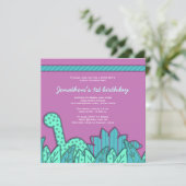 Invitation Thème Cute Dinosaur Fête d'Anniversaire - Turquois (Debout devant)