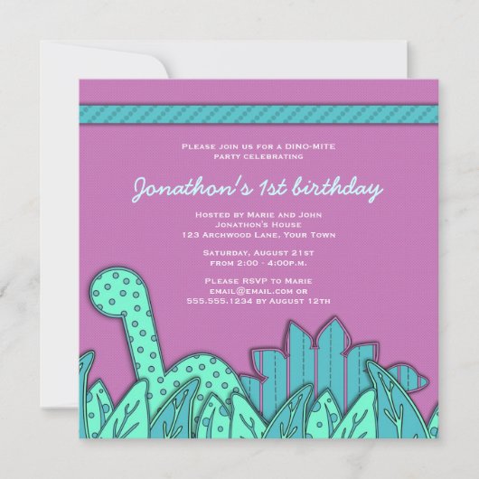 Invitation Thème Cute Dinosaur Fête d'Anniversaire - Turquois (Devant)