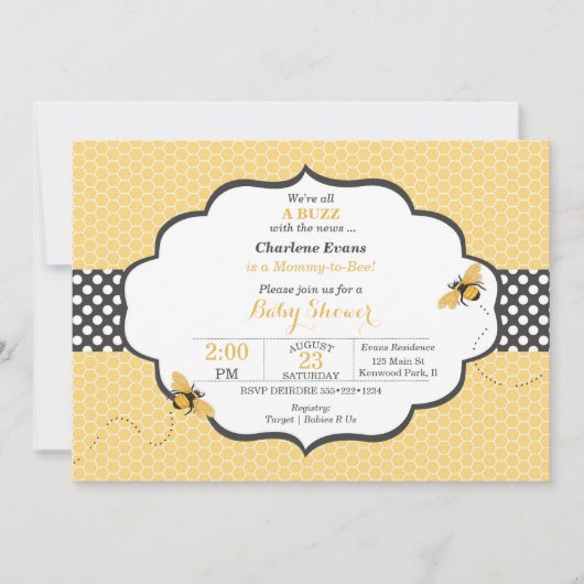 Invitation Thème d'abeille Honeycomb Or & Gris Polka Dot (Devant)