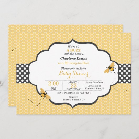 Invitation Thème d'abeille Honeycomb Or & Gris Polka Dot (Devant / Derrière)