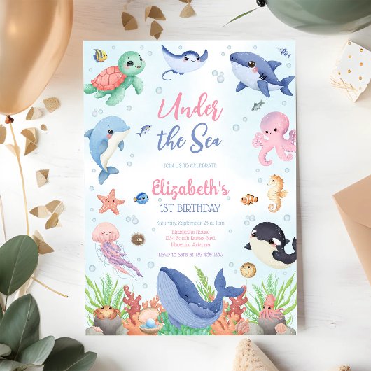 Invitation Thème d'animaux de l'océan Anniversaire sous la me